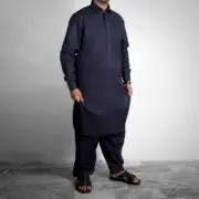 M Afzal-Navy Blue Malukhi Shalwar Kameez For Mens