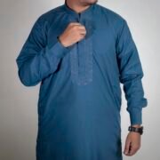 Sarwar Collection- Sea Blue Embroidered Shalwar Kameez For Men - Image 3