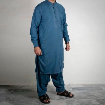 Sarwar Collection- Sea Blue Embroidered Shalwar Kameez For Men