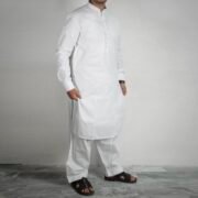M Afzal-White Cotton Latha Shalwar Kameez For Mens