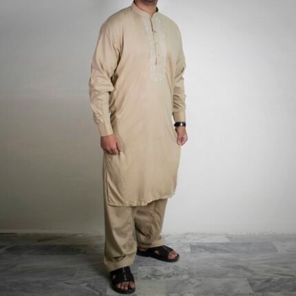 Sarwar Collection- Golden Beige Embroidered Shalwar Kameez For Men